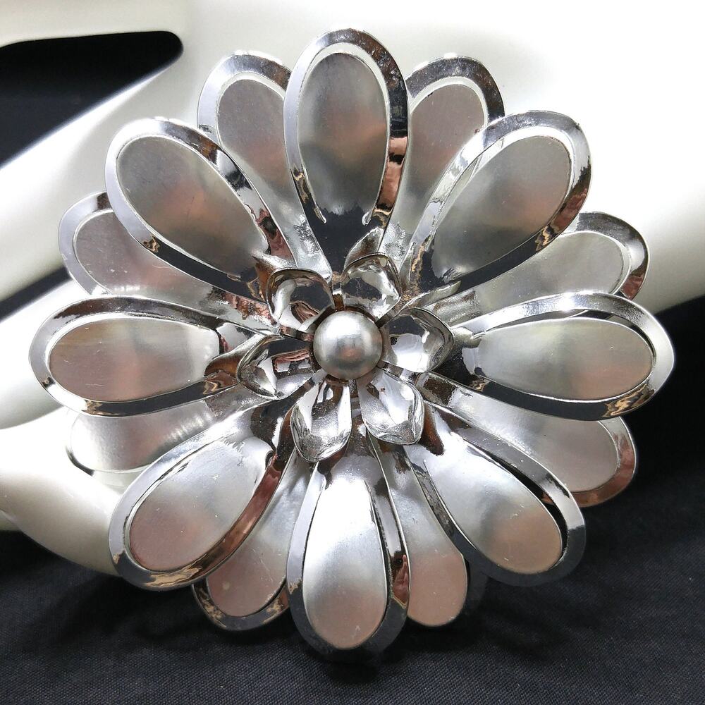 Vintage Large Silver Flower Brooch, Shiny & Matte Finish, 1960s Jewelry